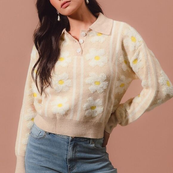 SO ME Floral Stripe Polo Collar Sweater Floral Knit Sweater with Daisies - Picture 6 of 7